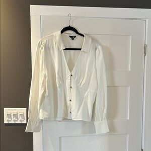 Womens Cream Button-Front V-Neck Collared Blouse